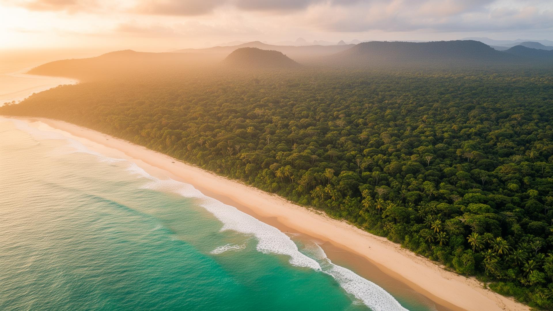 Litoral de Camburi com mata atlântica ao amanhecer